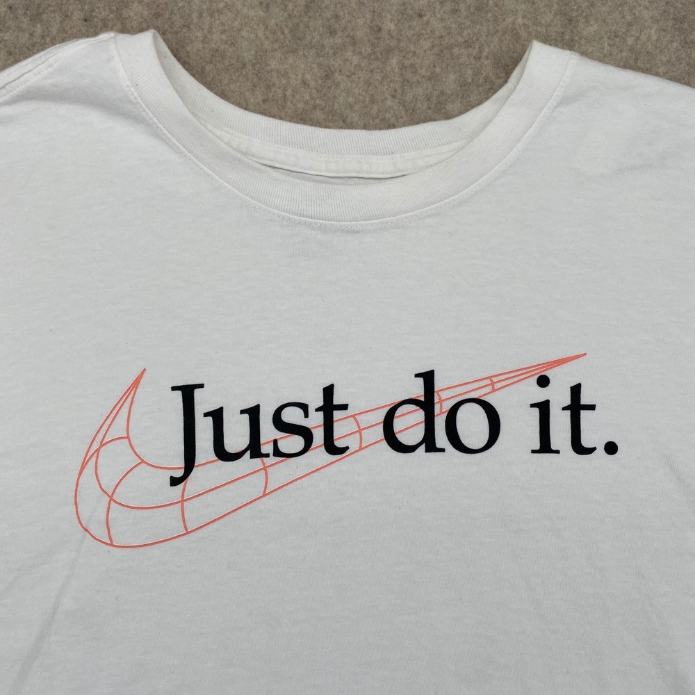 Nike Just Do It Graphic Shirt Mens Large White Orange Swoosh Short Sleeve Tee